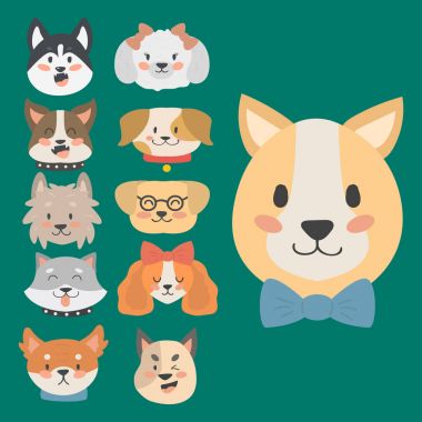 Komik karikatür köpek karakter kafaları ekmek karikatür köpek dostu sevimli köpek vektör çizim.