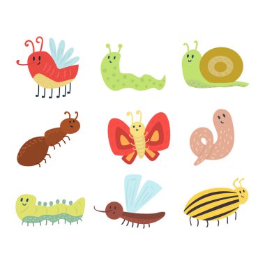 Renkli böcekler simgeler izole yaban hayatı kanat ayrıntı yaz solucan tırtıl böcek vahşi vektör çizim.