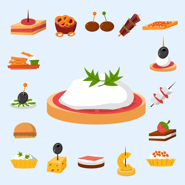 Varios bocadillos de banquete de queso de pescado de carne en bandeja de banquete canapé bocadillos aperitivo delicioso vector . — Archivo Imágenes Vectoriales