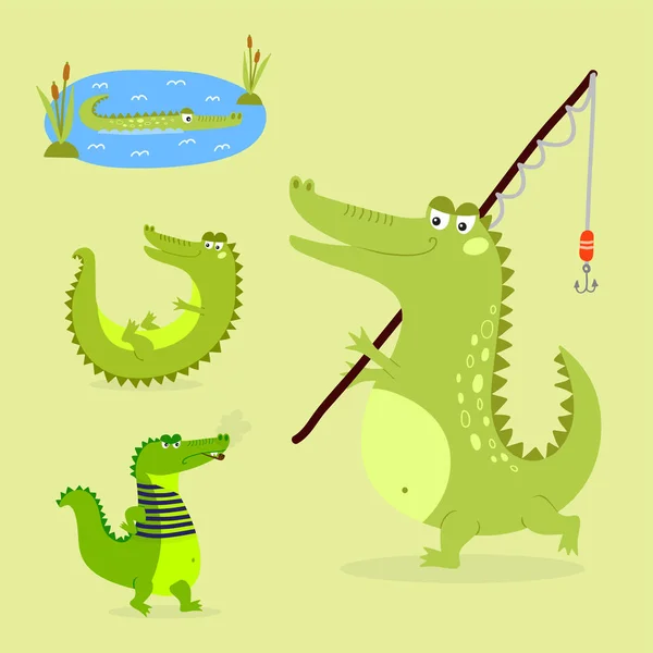 Cartoon grön krokodil roliga predator australian wildlife floden reptil alligator platt vektorillustration. — Stock vektor