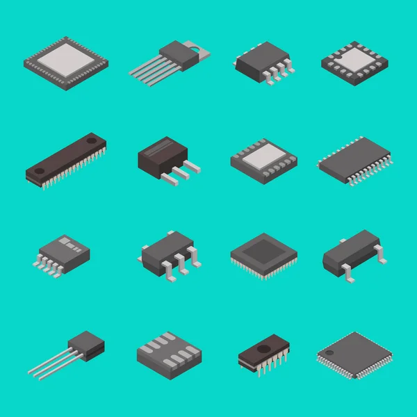 Isolerade mikrochip semiconductor dator elektroniska komponenter isometrisk ikoner vektorillustration — Stock vektor