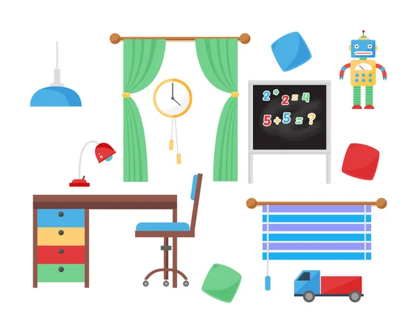 Kényelmes, hangulatos baba szoba dekoráció gyermek szoba belső bútorok és játékok vektor. — Stock Vector