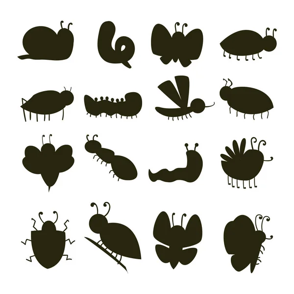 Színes rovarok sziluett ikonok elszigetelt wildlife szárny részletesen caterpillar hibákat vad vektoros illusztráció. — Stock Vector