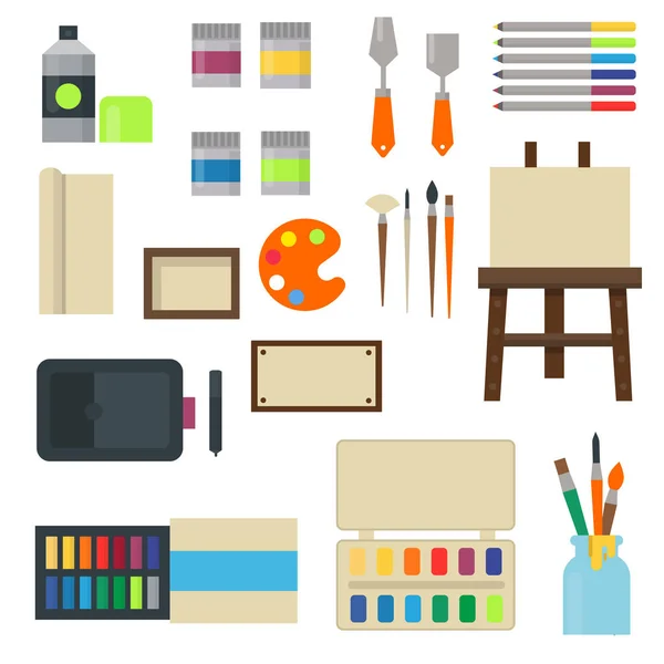 Pintura ferramentas de arte paleta ícone conjunto vetor plano ilustração detalhes papelaria pintura criativa equipamento . — Vetor de Stock