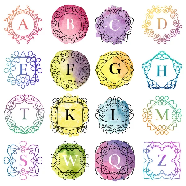 Monogram template with flourishes calligraphic elegant ornament watercolor badge letter vector illustration — Stock Vector