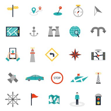 Gezinti düz stil konumu PIN piktogram yön ve arama tasarım web simgeler vektör çizim oturum açın.