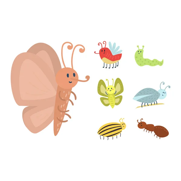 Красочные иконки насекомых изолированные крылья дикой природы подробно летний червь гусеницы жуки дикие векторные иллюстрации . — стоковый вектор