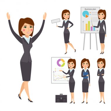 Vektör iş kadın karakter siluet duran yetişkin office kariyer genç kız poz.