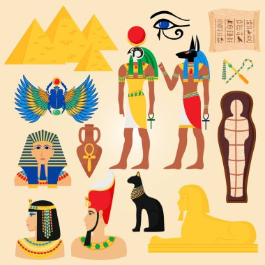 Mısır simgeleri ve simge yapılara antik piramitler Mısır insanlar Tanrı'nın çöl Kleopatra Firavun vektör çizim