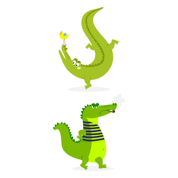 卡通绿色鳄鱼滑稽捕食者澳大利亚野生动物河爬行动物鳄鱼平面矢量图. — 图库矢量图片