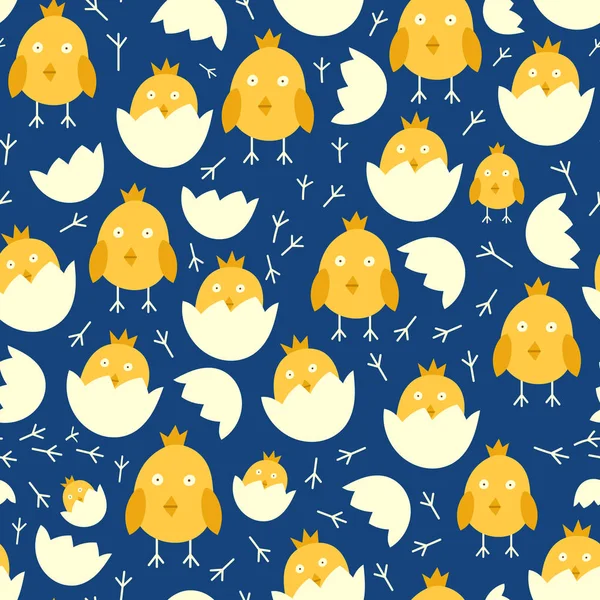 Fond de motif de Pâques sans couture avec des poussins dans les oeufs graphisme vacances dessin animé poulet oiseau vecteur illustration — Image vectorielle