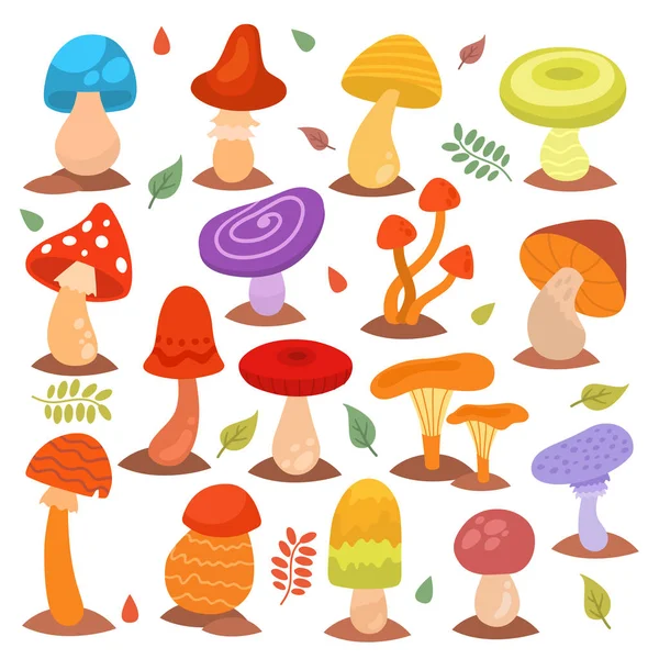 Різні мультяшні гриби ізольовані на білій природі харчова колекція колекції грибів рослин Векторні ілюстрації — стоковий вектор