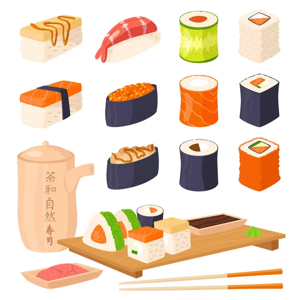 Sushi cozinha japonesa comida tradicional plana ícones gourmet saudáveis Ásia refeição cultura rolo vetor ilustração . —  Vetores de Stock