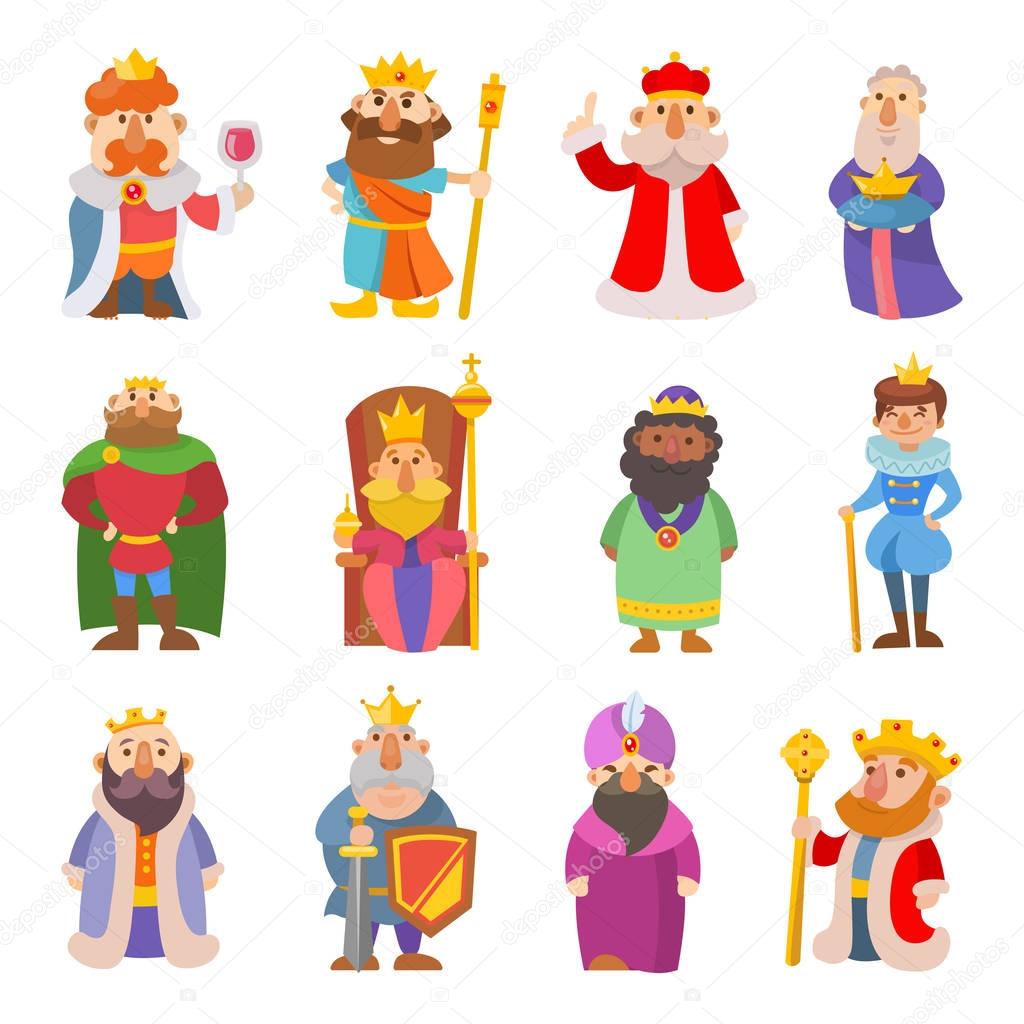 Different cute cartoon kings characters vector set collection man isolated on white