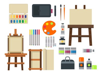 Sanat araçlar paleti simgesi boyama düz vektör çizim ayrıntıları Kırtasiye yaratıcı boya ekipman ayarla.