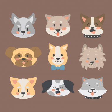 Komik karikatür köpek karakter kafaları ekmek karikatür köpek dostu sevimli köpek vektör çizim.