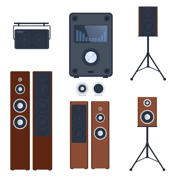 Technologie zařízení subwooferu reproduktory domácí zvukový systém stereo plochých vector hudební přehrávač. — Stockový vektor
