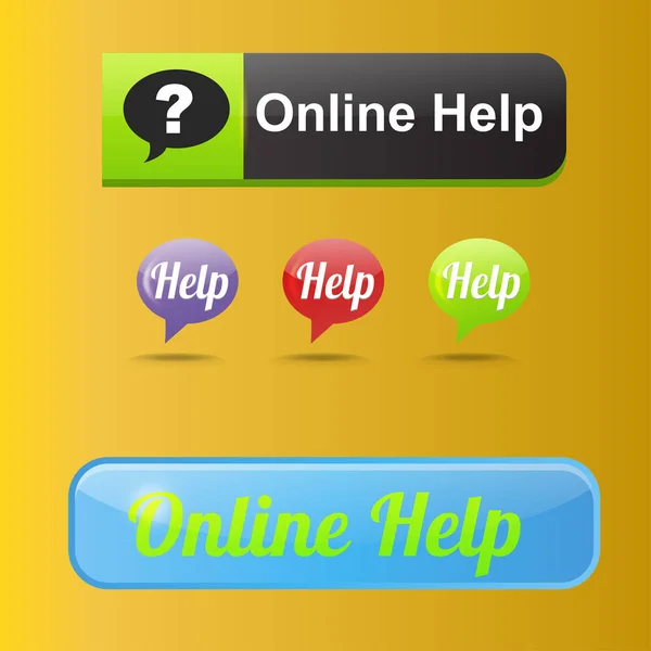 Sitio web colorido en línea ayuda botones diseño vector ilustración brillante etiqueta gráfica plantilla banner . — Vector de stock