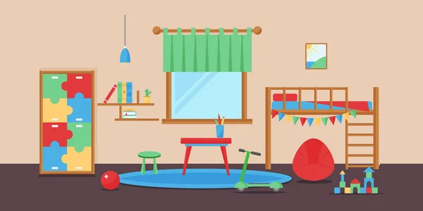 Cómodo acogedor bebé habitación decoración niños dormitorio interior con muebles y juguetes vector . — Archivo Imágenes Vectoriales