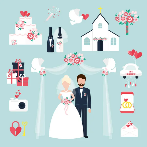 Elementos de casamento convite celebração conjunto apartamento aniversário romance decoração casal ícones vetor ilustração —  Vetores de Stock