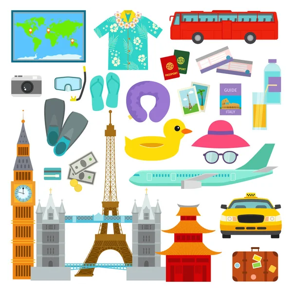 Cestování čas letní dovolené vektor symboly v ploché styl cestování a cestovní ruch ikony příslušenství ilustrace — Stockový vektor