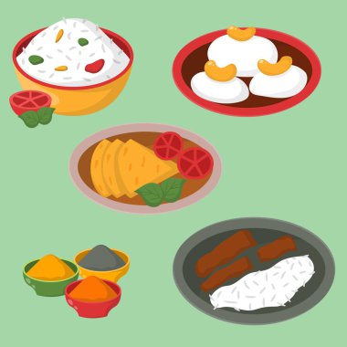 Hint tavuk jalfrezi ile çeşitli baharat pirinç ve sebze köri tavuk Restoran sağlıklı mutfağı gıda vektör çizim.