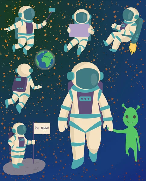 Vektorové kosmonauti ve vesmíru, pracovní charakter a baví mimozemšťan galaxie atmosféru systém fantasy cestovatel muž. — Stockový vektor