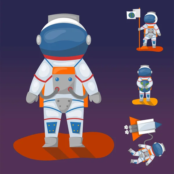 Astronauten in de ruimte, werkt karakter en plezier vector spaceman galaxy sfeer systeem fantasie reiziger man. — Stockvector