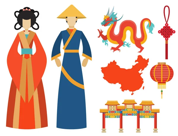 Icônes de la Chine est ancienne célèbre culture orientale chinois symboles traditionnels illustration vectorielle — Image vectorielle