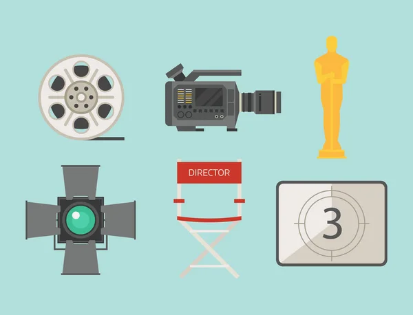 Cinema filme fazendo TV mostrar ferramentas equipamentos símbolos ícones cinematografia vetorial ilustração . —  Vetores de Stock