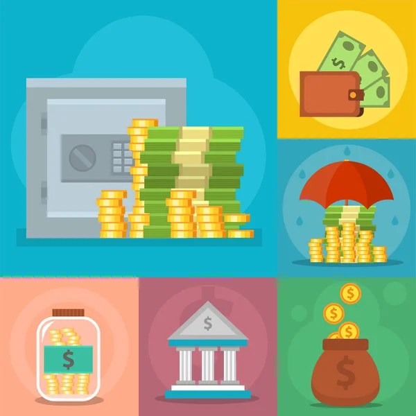 Pieniądze wektor handlowych grupy płatności inwestycji torba finanse graficzny safepay zarabianie gotówki portfel. — Wektor stockowy