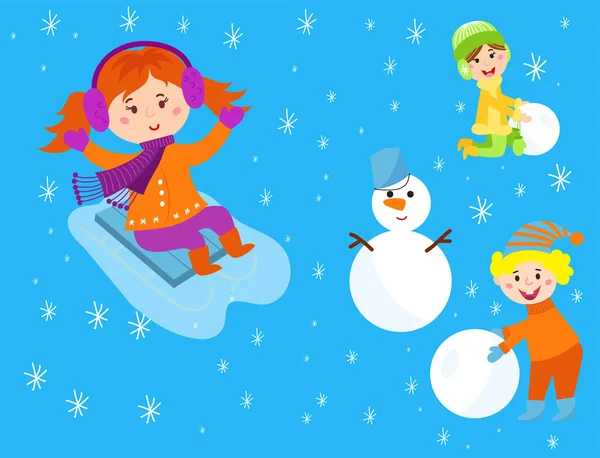 圣诞节孩子玩雪球的冬季游戏儿童卡通新年假期矢量字符图. — 图库矢量图片