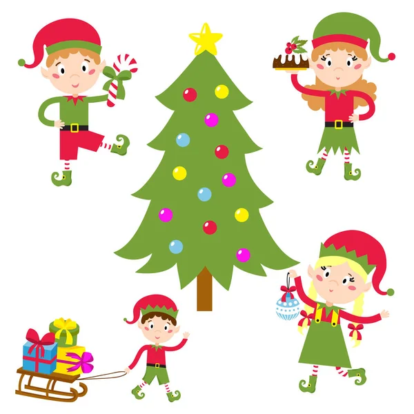 Санта-Клауса діти мультфільм ельф помічники Векторні ілюстрації дітей ельфи символи традиційний костюм. — стоковий вектор