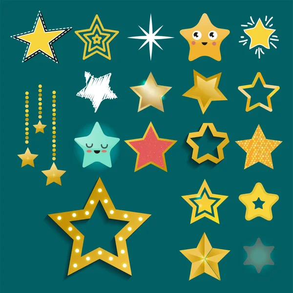 Iconos de estrellas brillantes en diverso estilo puntiagudo pentagonal oro premio diseño abstracto doodle noche símbolo artístico vector ilustración . — Vector de stock