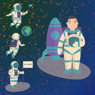 Vektör çalışma karakteri ve having fun astronotlar uzayda uzay adamı gökada atmosfer sistem fantezi seyahat adam.