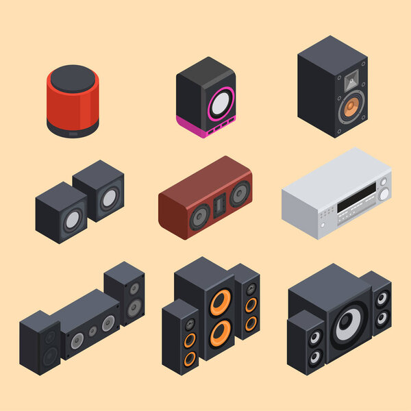 Home isometric sound system stereo acoustic 3d vector music loudspeakers player subwoofer equipment technology.