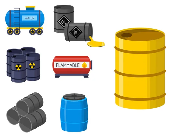 Olie drum container brandstof vat rijen stalen vaten opslagcapaciteit tanks natuurlijke metalen oude darmen chemische vaartuig vectorillustratie — Stockvector