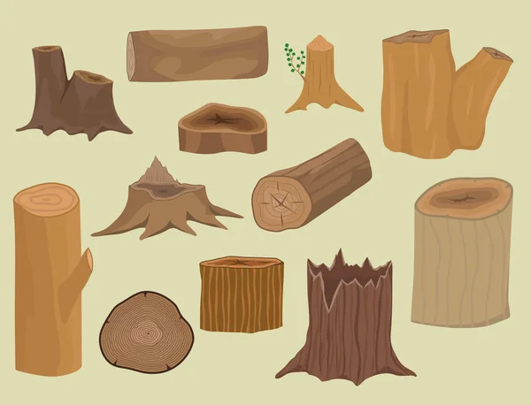 Gestapeltes Holz Kiefernholz für den Bau gefällter Baumstamm Baumrinde Materialien Vektor-Set — Stockvektor