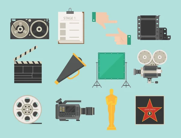 Cine película haciendo tv show herramientas equipo símbolos iconos vector cinematografía ilustración . — Vector de stock