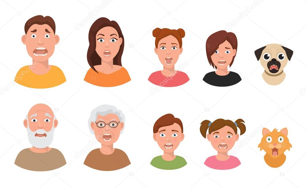 People facial emotions afraid fearful scared windy emotions human faces different expressions vector illustration in flat style.