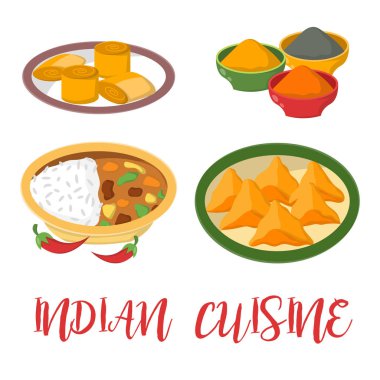 Hint tavuk jalfrezi ile çeşitli baharat pirinç ve sebze köri tavuk Restoran sağlıklı mutfağı gıda vektör çizim.
