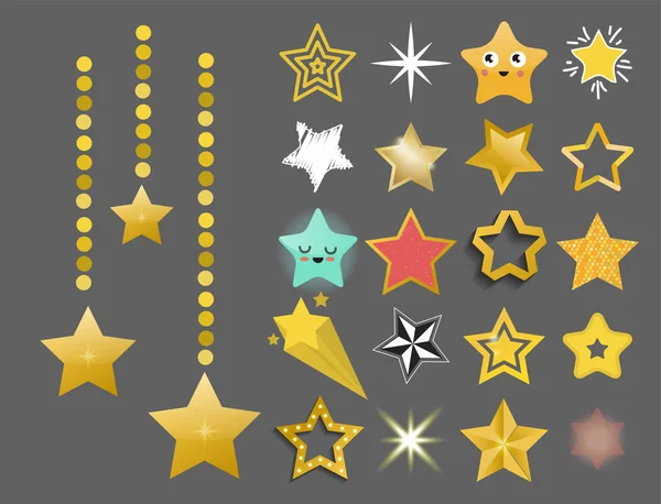 Iconos de estrellas brillantes en diverso estilo puntiagudo pentagonal oro premio diseño abstracto doodle noche símbolo artístico vector ilustración . — Vector de stock