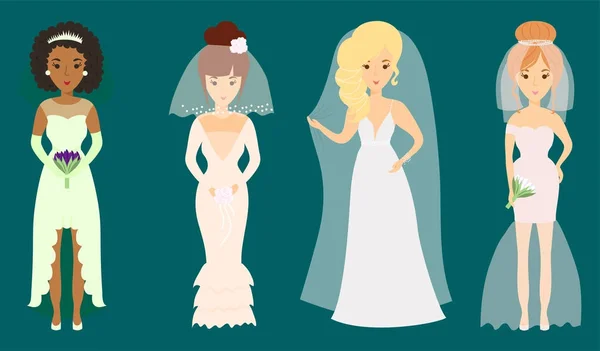 Boda novias personajes vector ilustración celebración matrimonio moda mujer dibujos animados niña vestido de ceremonia blanca — Archivo Imágenes Vectoriales