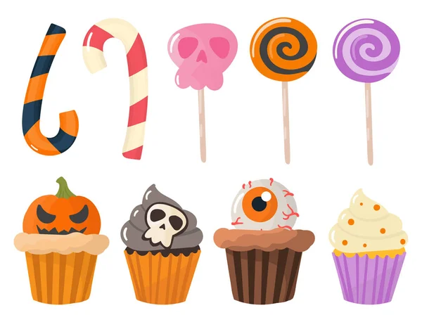 Fiesta de Halloween dulces coloridos cupcakes piruletas jalea frijoles galletas pastel caramelos vector ilustración . — Vector de stock