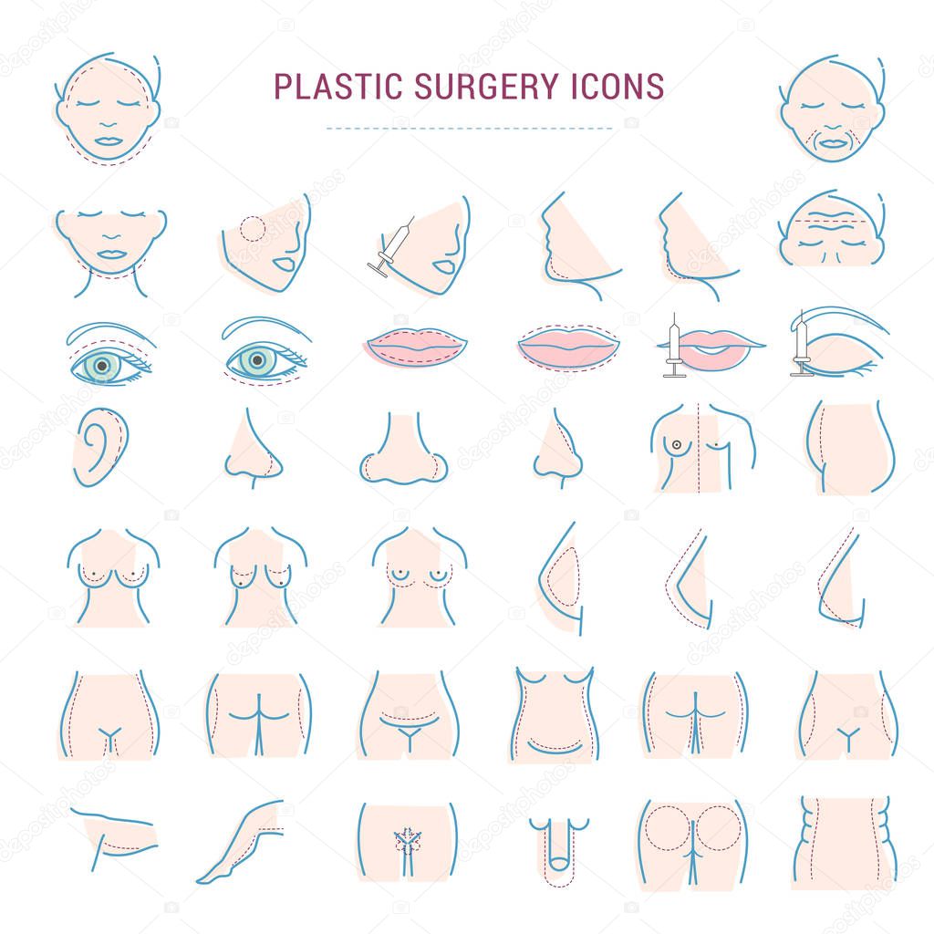 Plastic surgery face correction infographic icons woman body parts beauty health procedure vector illustration.