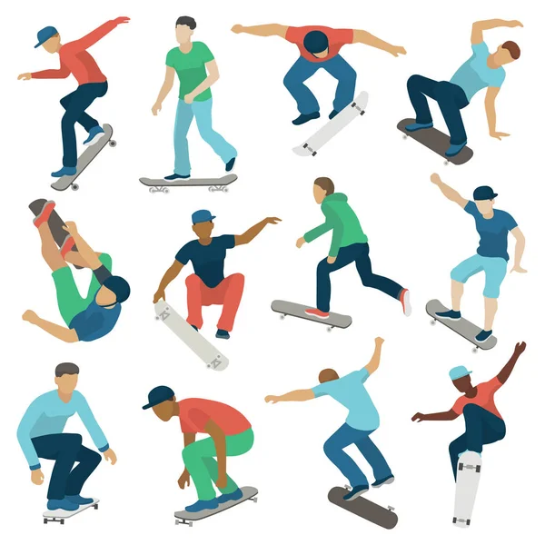 Молодые скейтбордисты активные мальчики спорт экстремально активный скейтбординг трюки векторные иллюстрации . — стоковый вектор