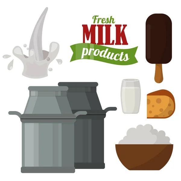 Produtos lácteos bebida orgânica creme saudável vetor fresco queijo vidro nutrição fazenda cálcio café da manhã supermercado . — Vetor de Stock