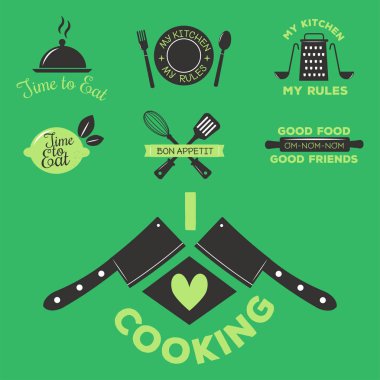 Pastane Dükkanı rozetleri ve klasik mutfak öğeleri pişirme etiket tasarım vektör çizim ayarla.