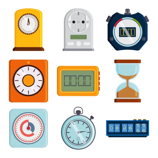 Relógio e relógios temporizador vetorial ferramentas de medição coloridas número informação digital cronômetro ilustração —  Vetores de Stock