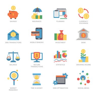 Düz stil para grafik Döviz Alım Finans Yatırım Bankası Döviz kartı sembolü illüstrasyon vektör iş finansal Icons set.